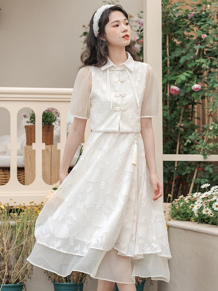 Chinese Style Two-Piece Cami Dress Set with Short Sleeve Jacket