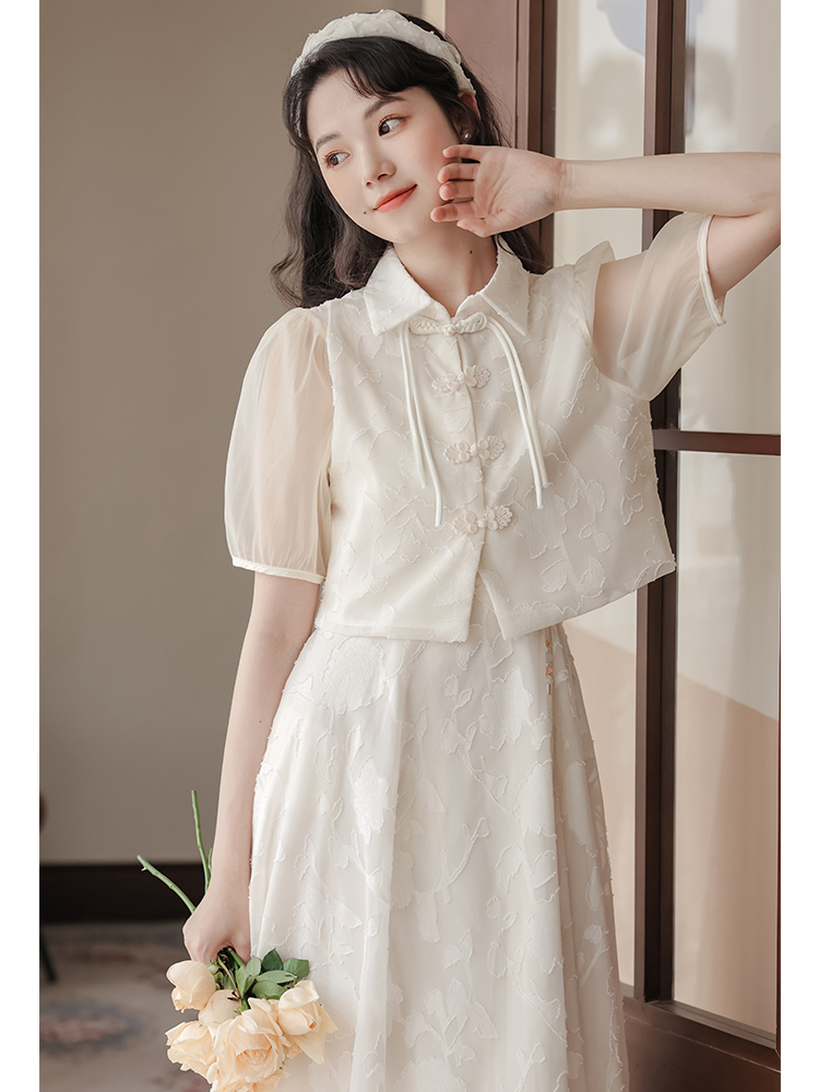 Chinese Style Two-Piece Cami Dress Set with Short Sleeve Jacket