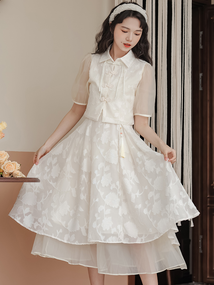 Chinese Style Two-Piece Cami Dress Set with Short Sleeve Jacket - Image 3