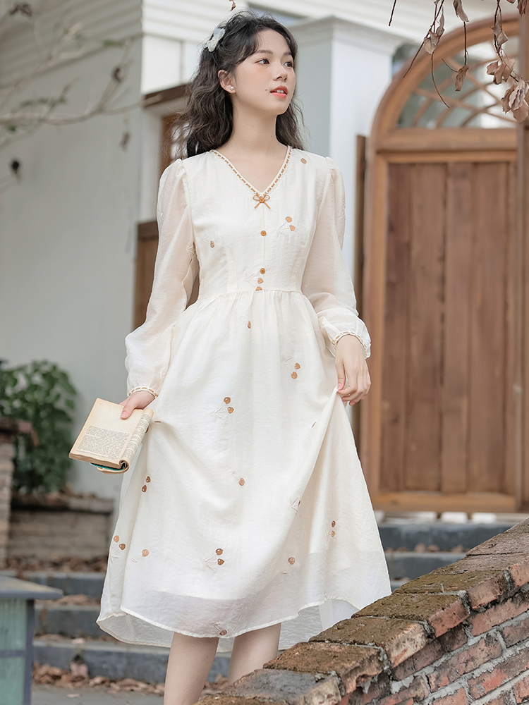 French Vintage V-Neck Long Sleeve A-Line Dress 2026 Spring – Style 439e33