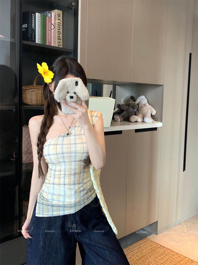 Women’s Summer One-Shoulder Plaid Camisole Short Vest