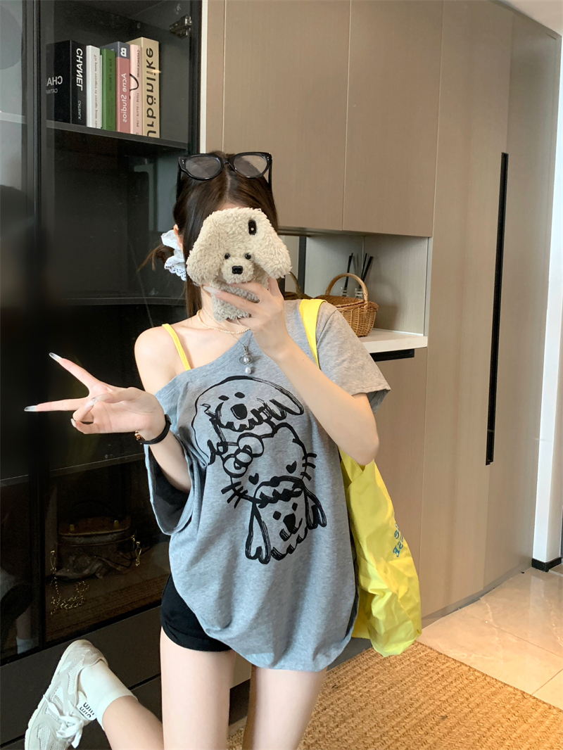 Women’s Off-Shoulder Dog Cat Print Short Sleeve T-Shirt Summer Loose Casual