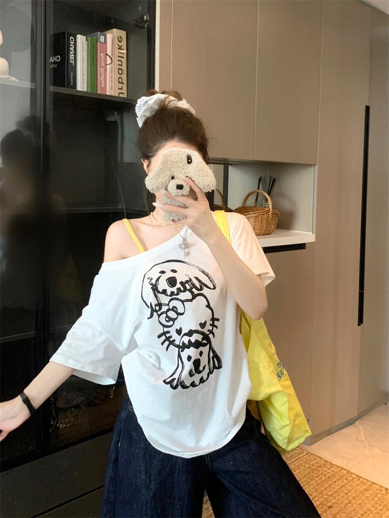 Women's Off-Shoulder Dog Cat Print Short Sleeve T-Shirt Summer Loose Casual