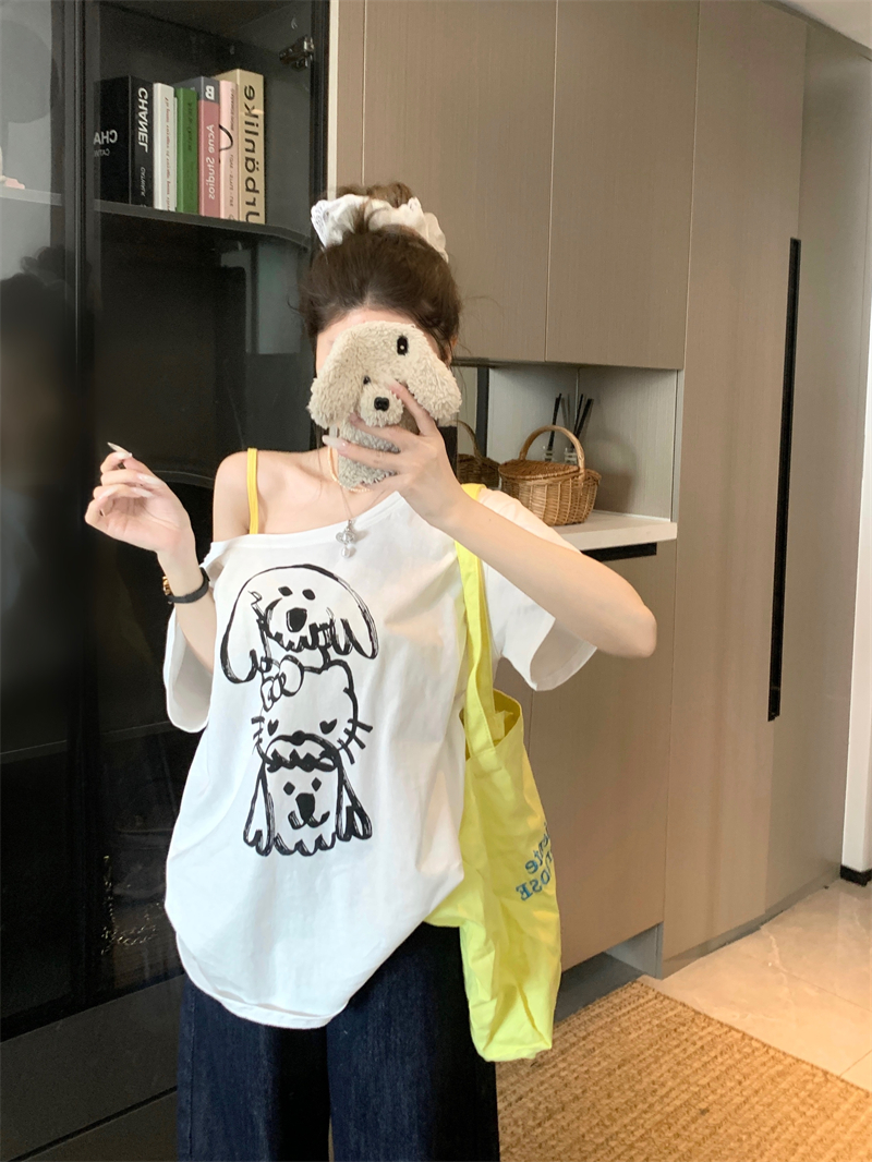 Women's Off-Shoulder Dog Cat Print Short Sleeve T-Shirt Summer Loose Casual - Image 3