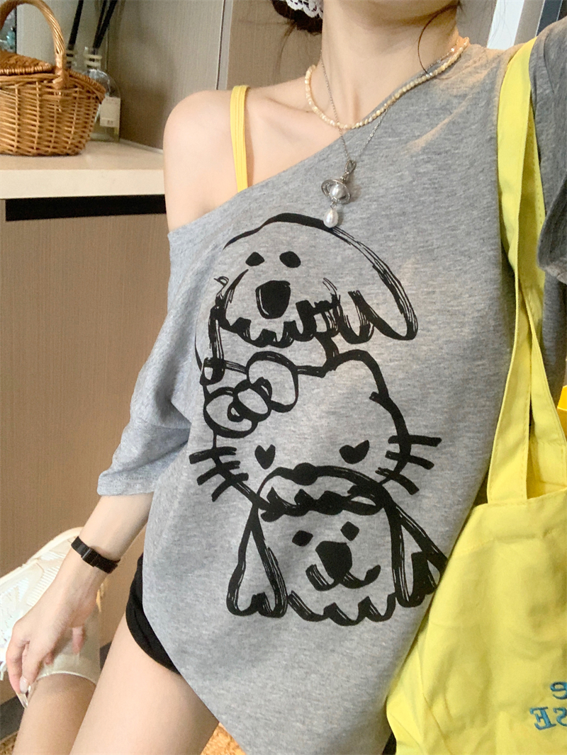 Women's Off-Shoulder Dog Cat Print Short Sleeve T-Shirt Summer Loose Casual - Image 4