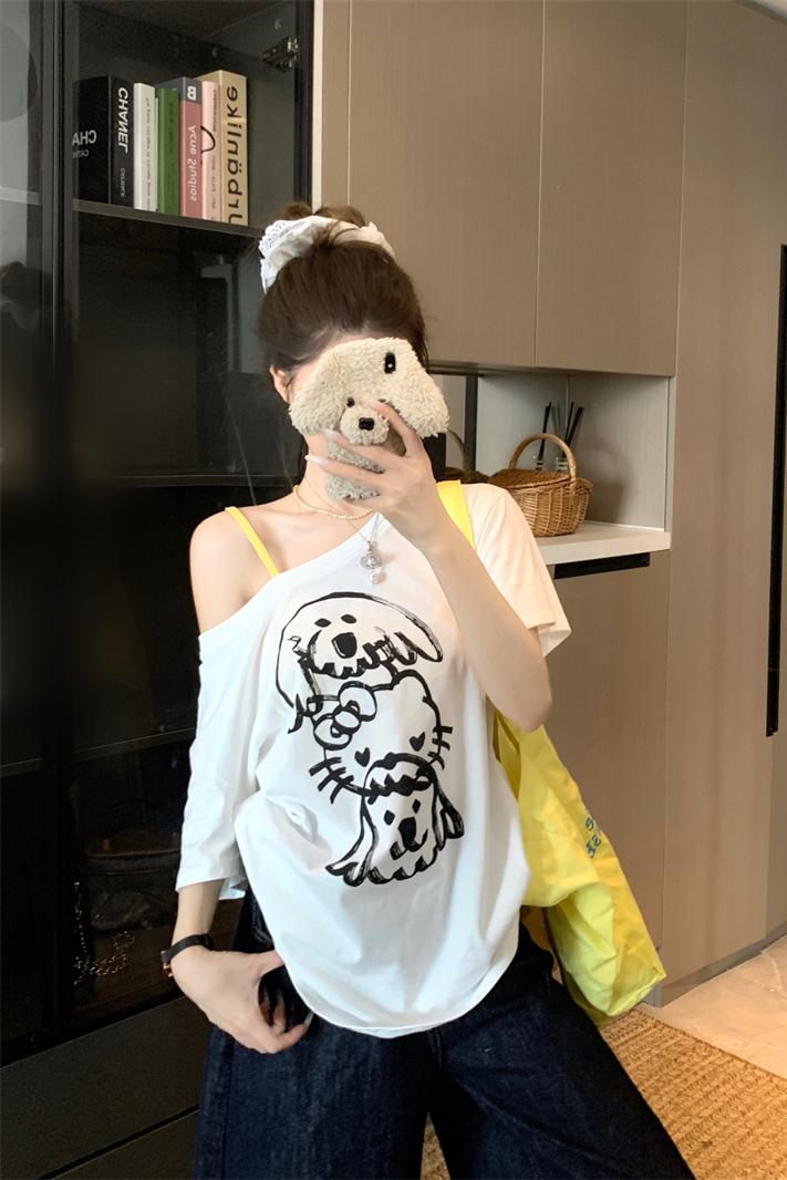 Women's Off-Shoulder Dog Cat Print Short Sleeve T-Shirt Summer Loose Casual - Image 5