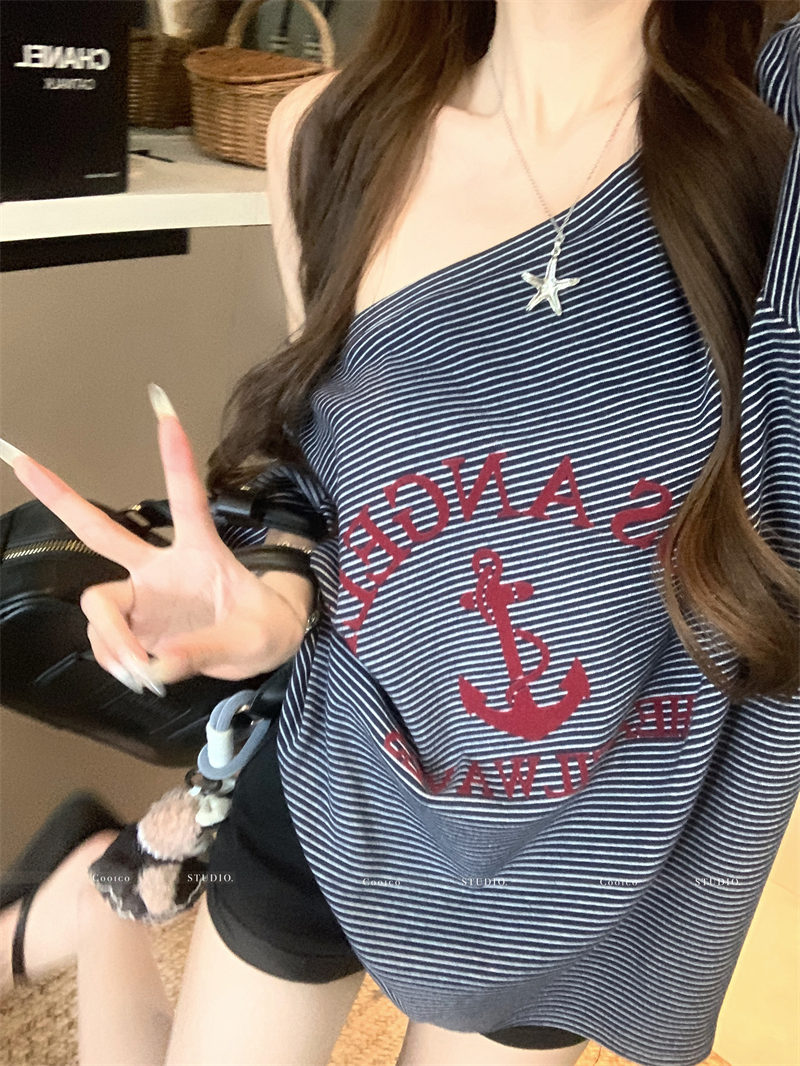 Women's Striped Off-Shoulder Short Sleeve Loose T-Shirt Summer Cotton Top - Image 3