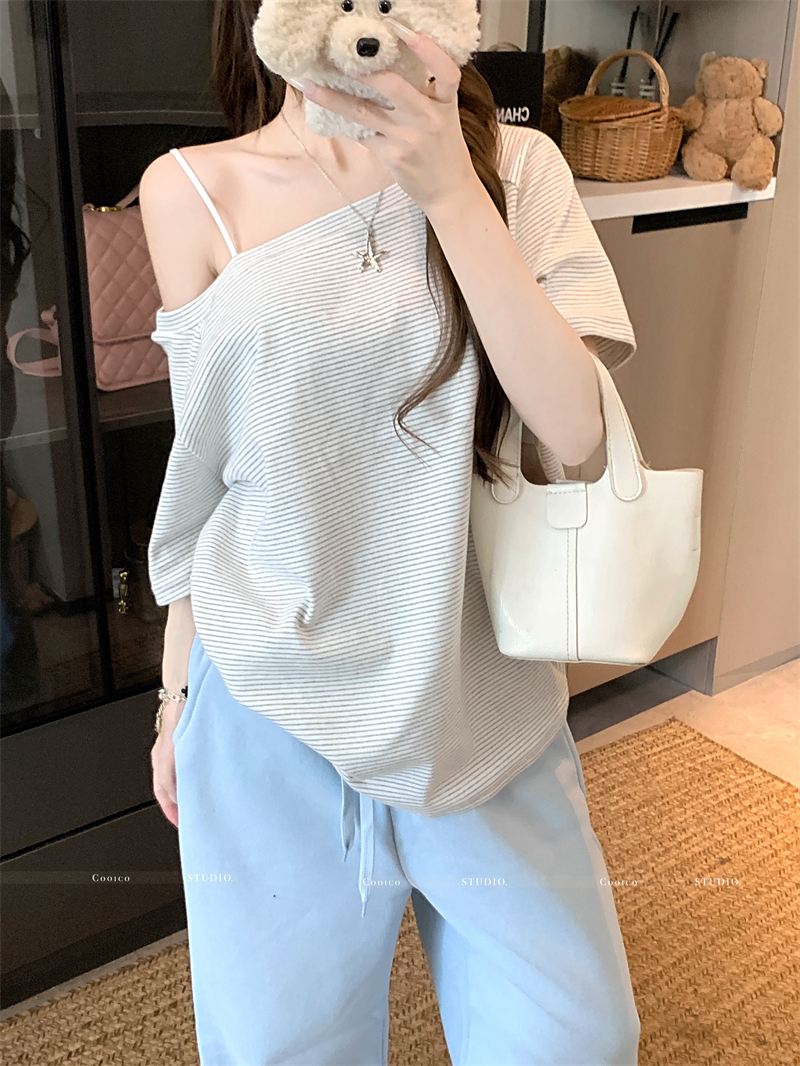 Women's Striped Off-Shoulder Short Sleeve Loose T-Shirt Summer Cotton Top - Image 4