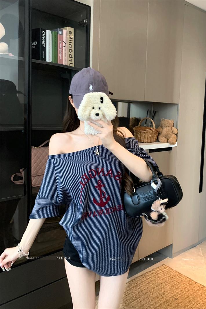 Women's Striped Off-Shoulder Short Sleeve Loose T-Shirt Summer Cotton Top - Image 5
