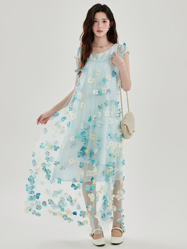 Summer Vacation Style Fairy Two-Piece Dress Set with 3D Floral Cami Dress