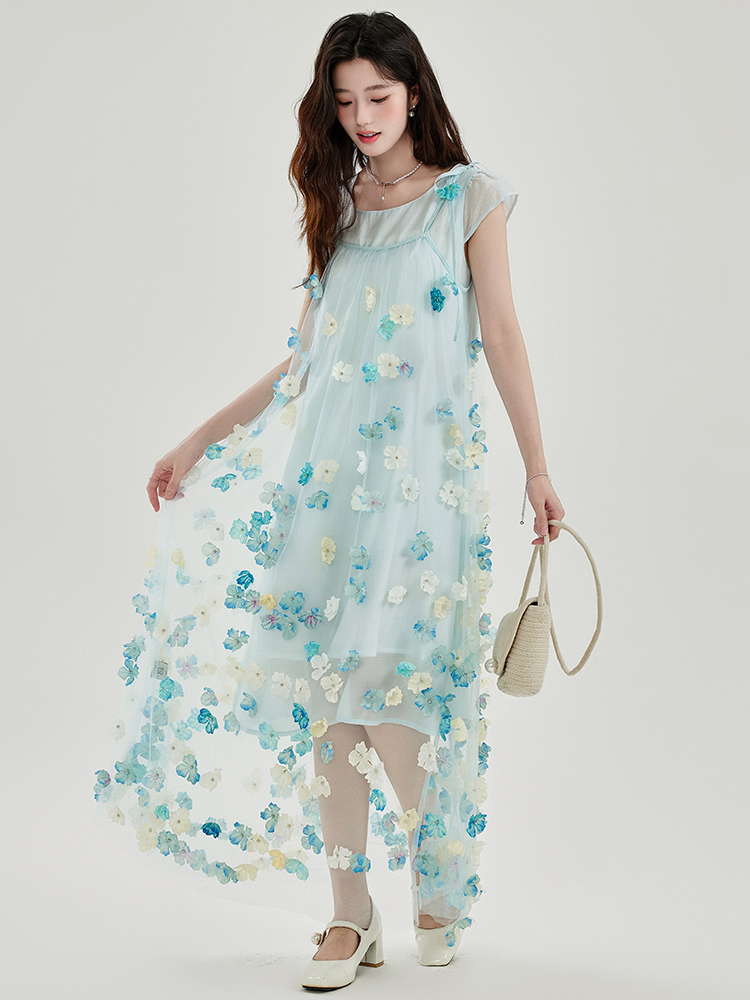 Summer Vacation Style Fairy Two-Piece Dress Set with 3D Floral Cami Dress - Image 3