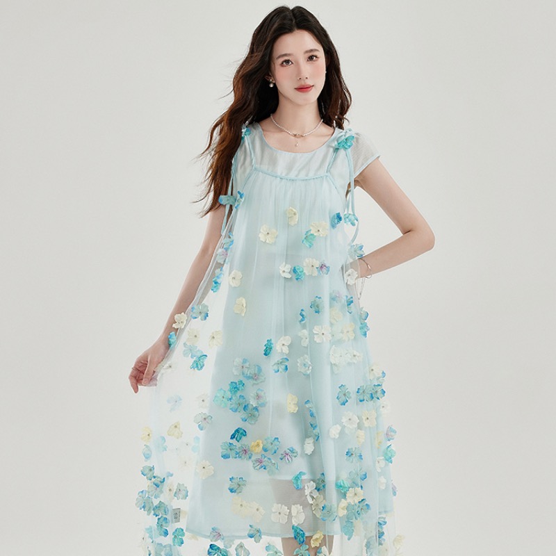 Summer Vacation Style Fairy Two-Piece Dress Set with 3D Floral Cami Dress - Image 5