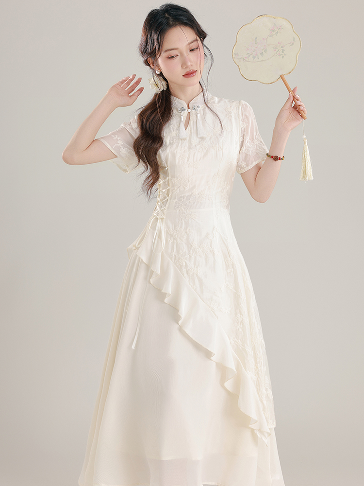 Chinese Style Asymmetric Ruffle Dress Summer New Chinese Improved Cheongsam Young Women