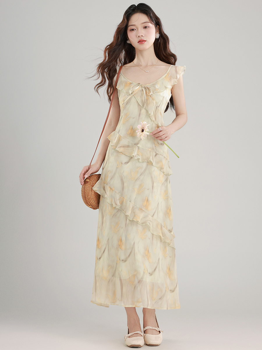Women's Summer 2026 A-Line Midi Dress with Flutter Sleeves Ruffle High Waist - Image 3
