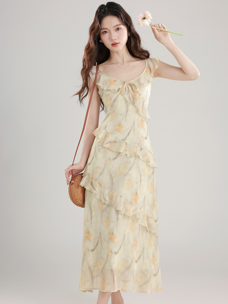 Women’s Summer 2026 A-Line Midi Dress with Flutter Sleeves Ruffle High Waist