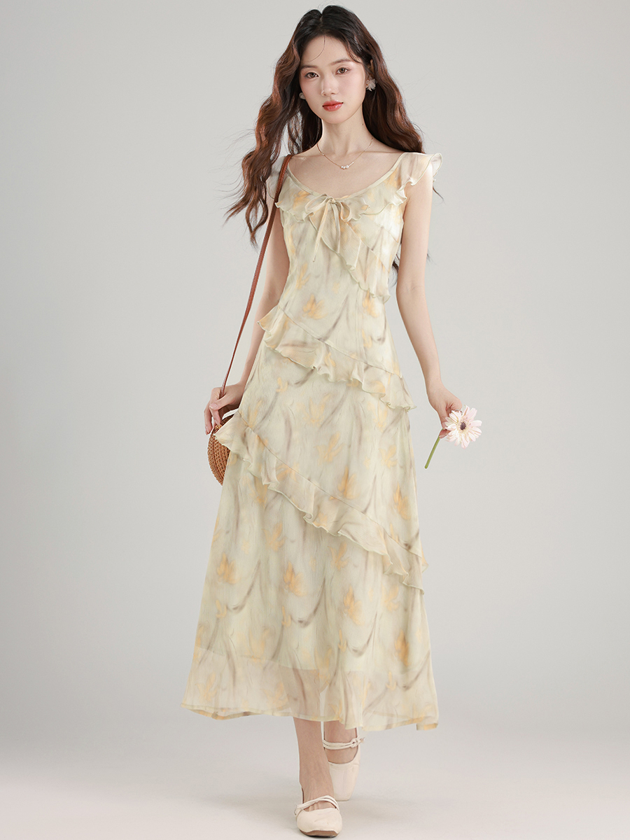 Women’s Summer 2026 A-Line Midi Dress with Flutter Sleeves Ruffle High Waist