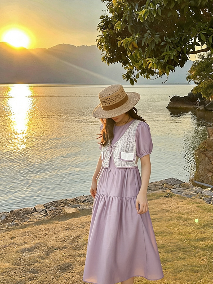 New Chinese Style Button A-Line Midi Dress for Women