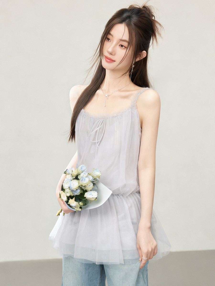2026 Summer Korean Sweet Cami Dress Mesh Slimming Petite