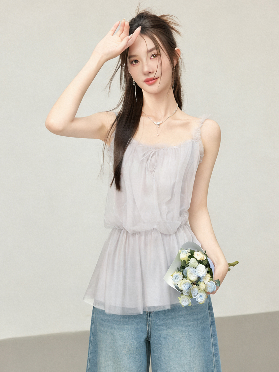 2026 Summer Korean Sweet Cami Dress Mesh Slimming Petite