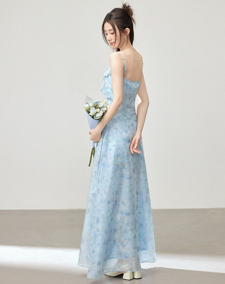 Blue Patchwork Sleeveless Dress Women Summer Korean Style Slim Waist Long Dress - Image 4