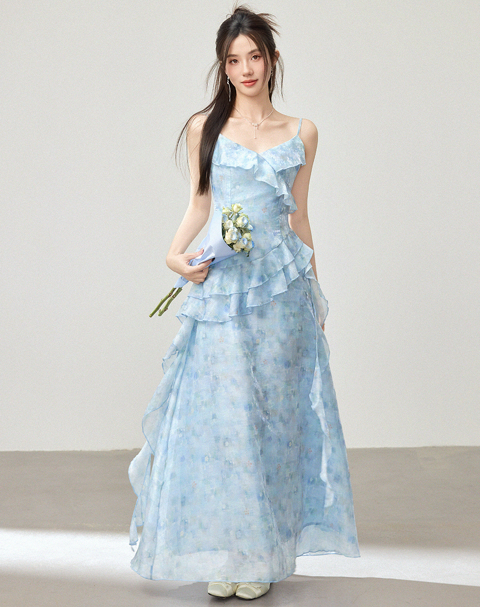 Blue Patchwork Sleeveless Dress Women Summer Korean Style Slim Waist Long Dress