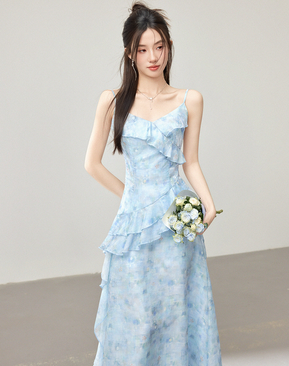 Blue Patchwork Sleeveless Dress Women Summer Korean Style Slim Waist Long Dress - Image 3