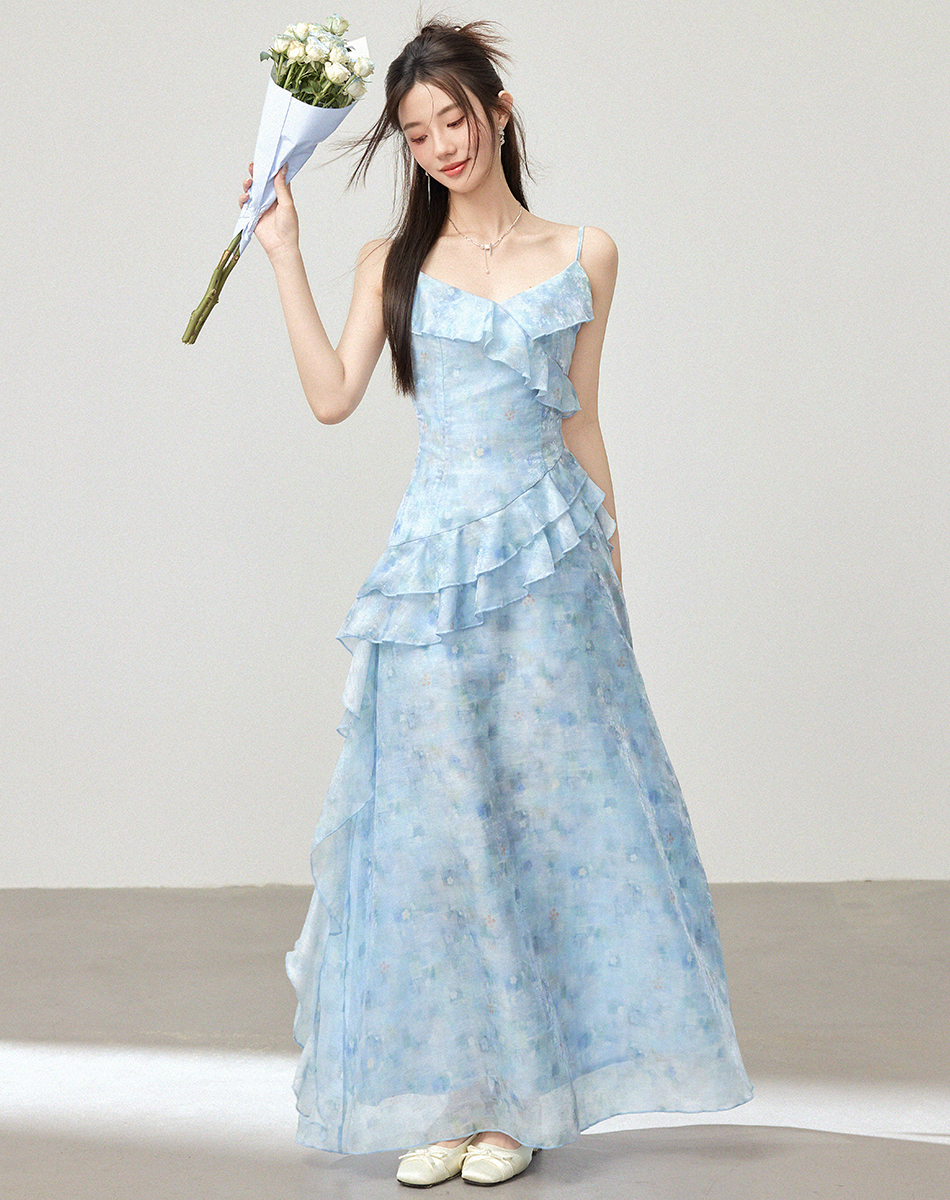 Blue Patchwork Sleeveless Dress Women Summer Korean Style Slim Waist Long Dress