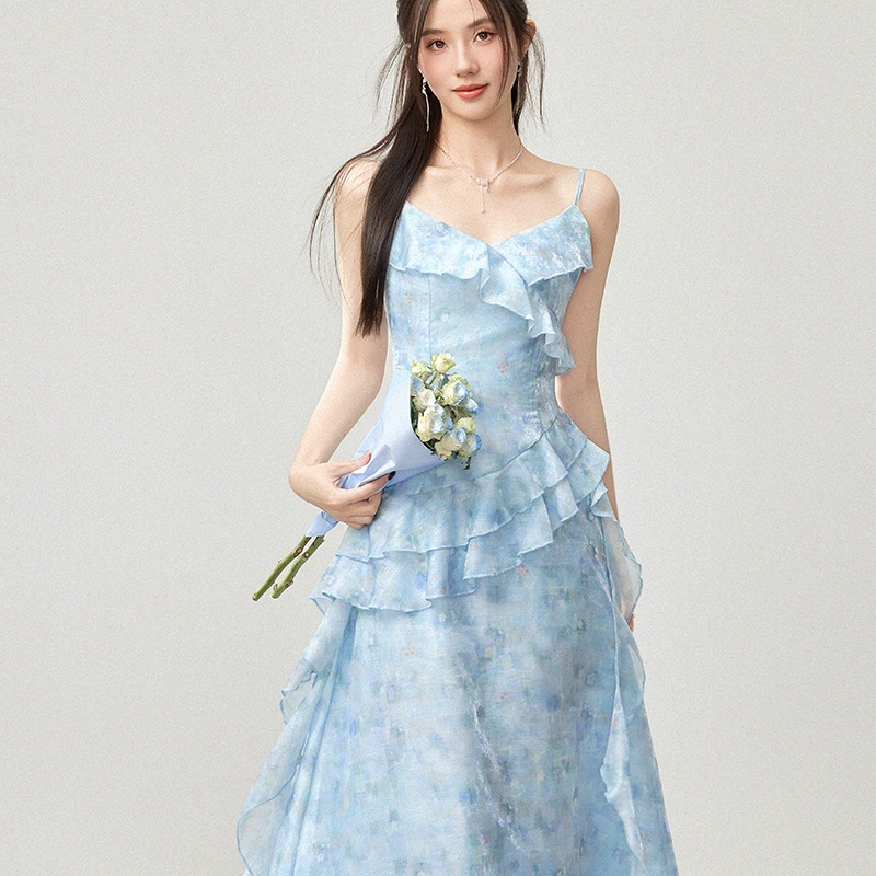Blue Patchwork Sleeveless Dress Women Summer Korean Style Slim Waist Long Dress - Image 5