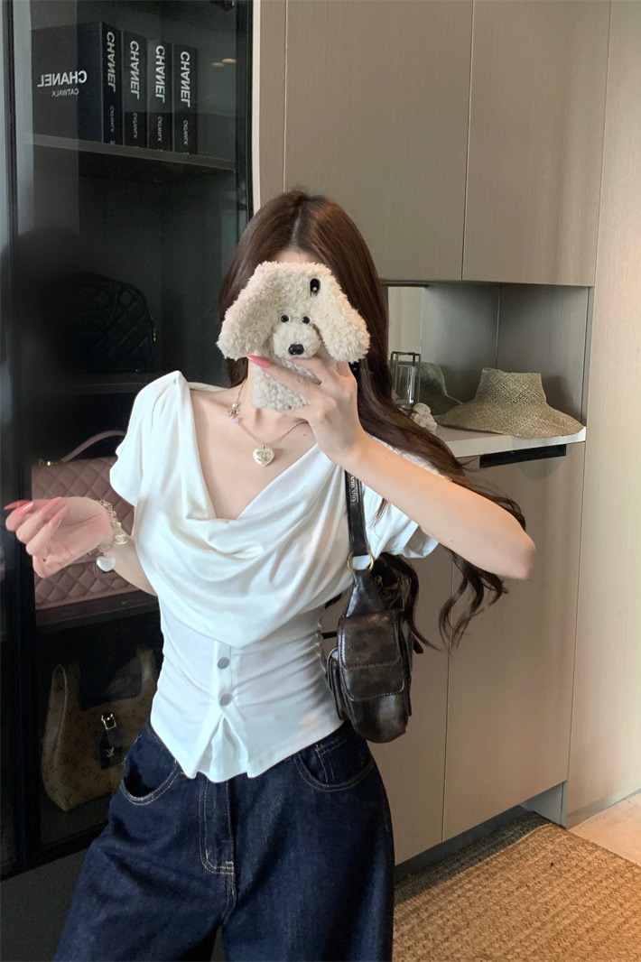 Women's Draped Two-Way Cowl Neck Slim Fit Top - Image 5