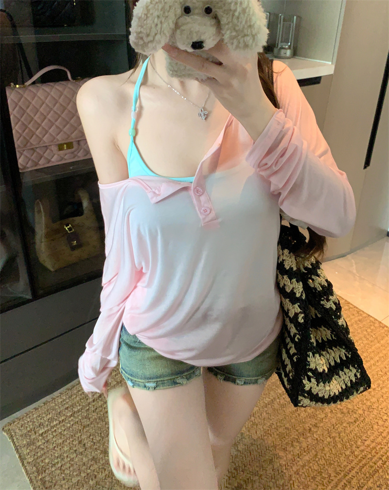 Peach Layered Two-Piece Cami and Sun Protection Cover-Up Set for Women Summer One-Shoulder T-Shirt