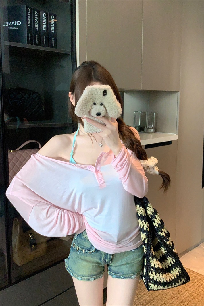 Peach Layered Two-Piece Cami and Sun Protection Cover-Up Set for Women Summer One-Shoulder T-Shirt - Image 5