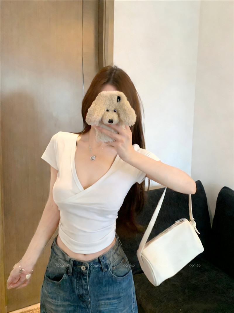 Women's Cross-Front Stretch Cropped V-Neck Slim Fit T-Shirt - Image 4