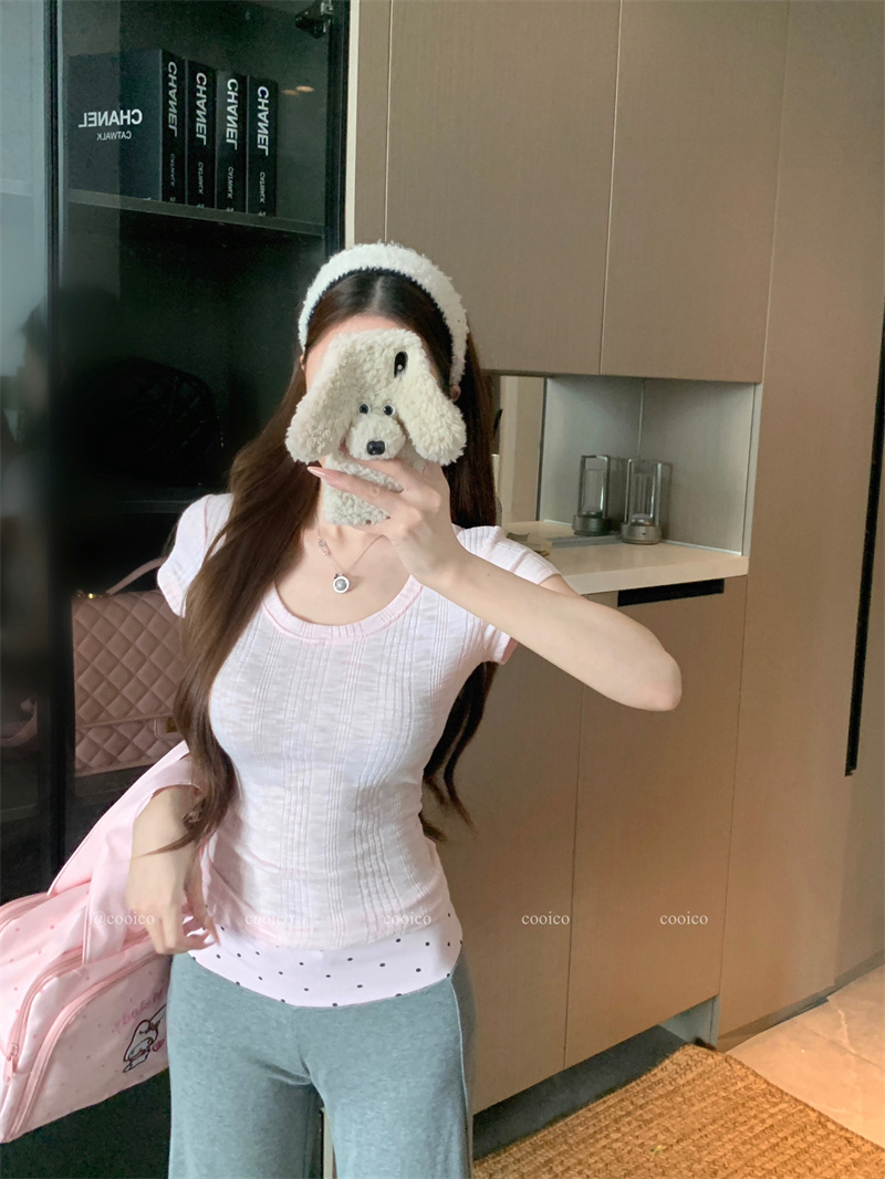 Women's U-Neck Short Sleeve Slim Fit Cropped T-Shirt Summer Korean Sweet Style - Image 4