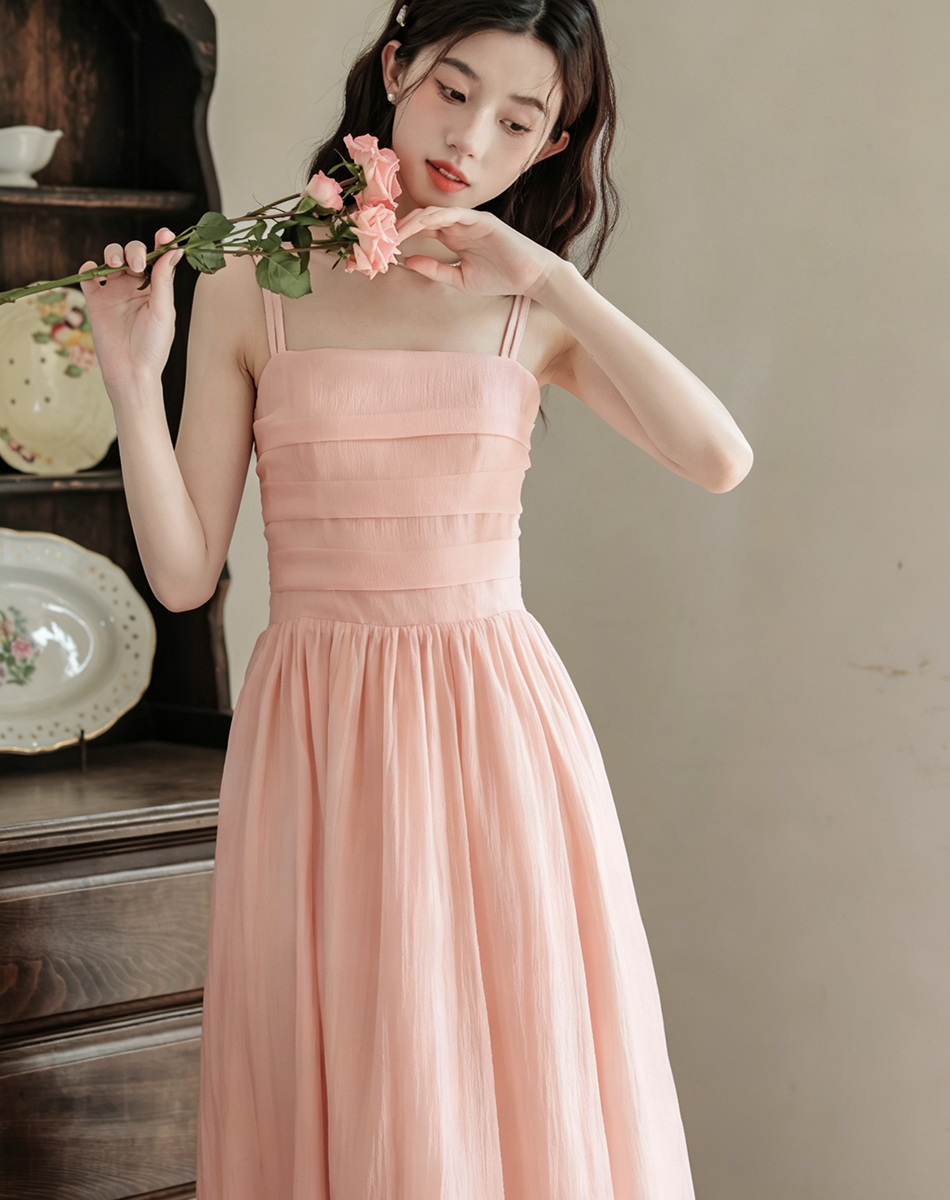 Pink Sleeveless Slip Dress for Women Summer Fairy Forest Style Long Beach Vacation Dress Petite