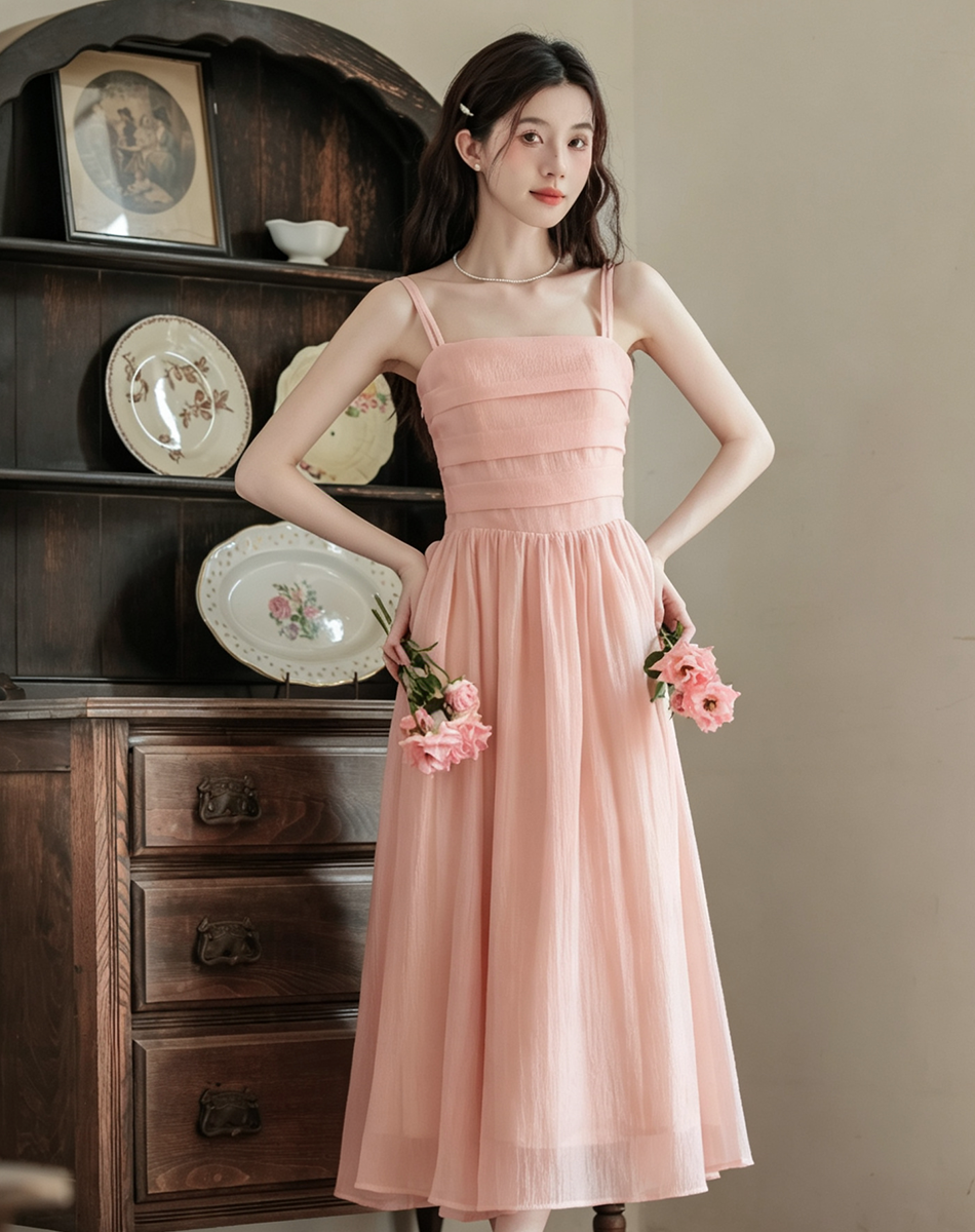 Pink Sleeveless Slip Dress for Women Summer Fairy Forest Style Long Beach Vacation Dress Petite