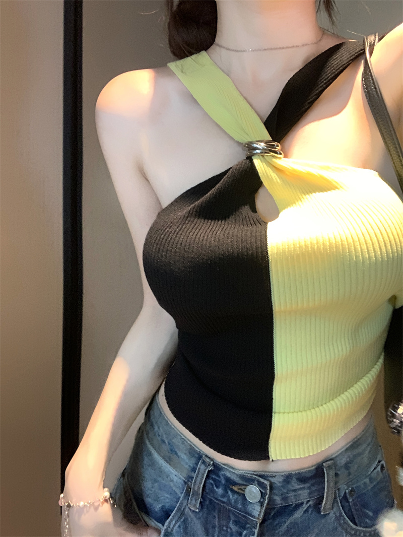 Women's Color Block Halter Cami Top Sexy Off-Shoulder Sleeveless Summer - Image 4