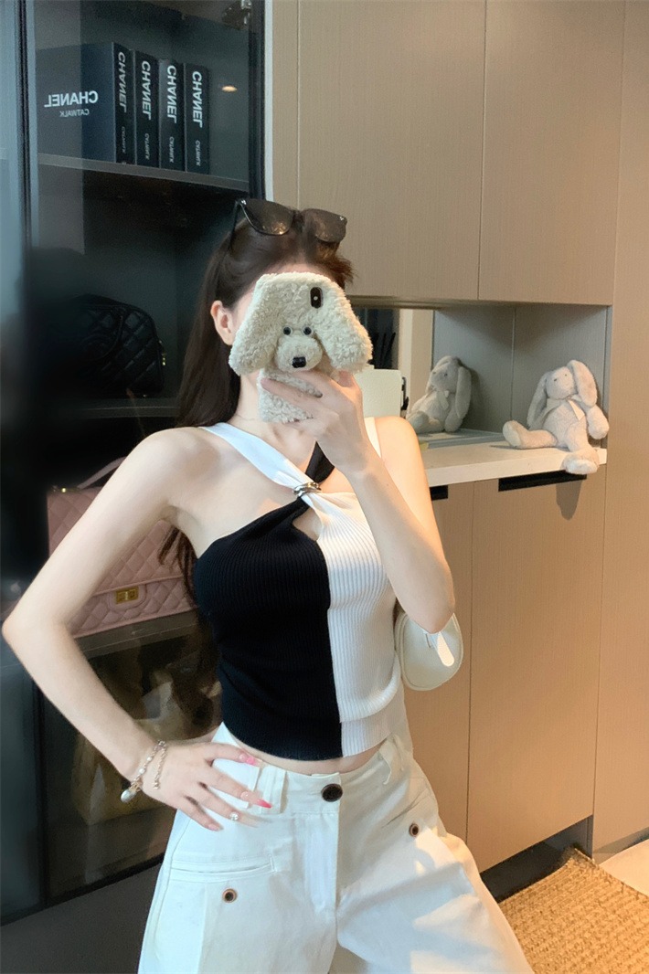 Women's Color Block Halter Cami Top Sexy Off-Shoulder Sleeveless Summer - Image 5
