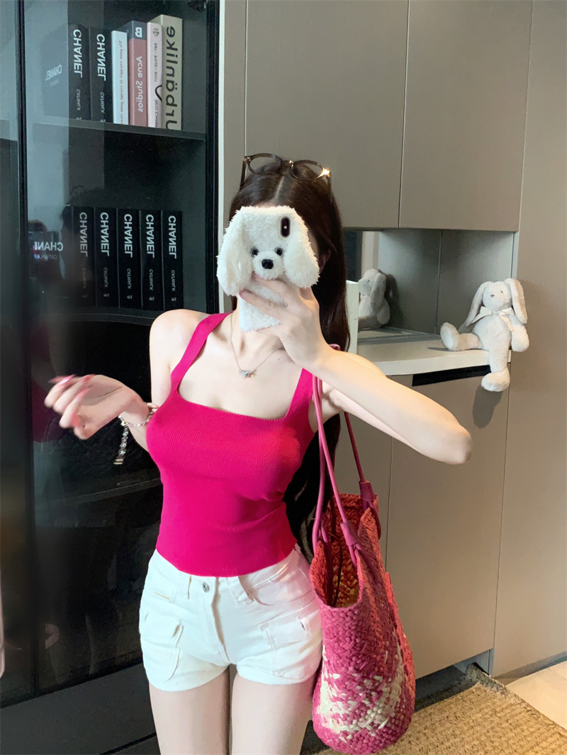 Women’s Square Neck Knit Top Summer Slim Fit Short Sleeveless Base Layer