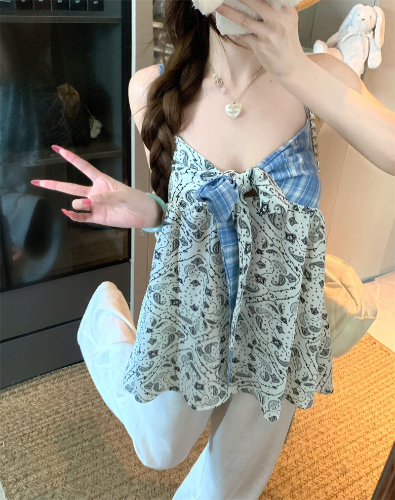 Women's Colorblock Polka Dot Bow Tie Loose A-Line V-Neck Camisole Tank Top - Image 4