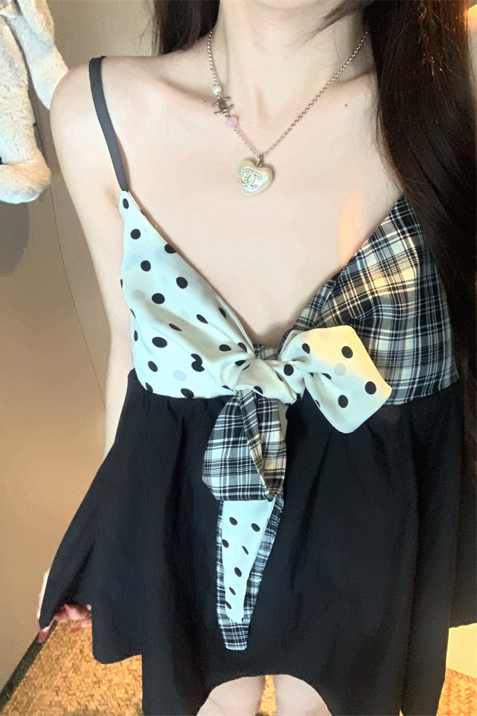 Women's Colorblock Polka Dot Bow Tie Loose A-Line V-Neck Camisole Tank Top - Image 5