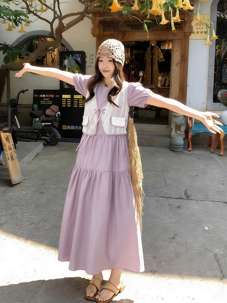 New Chinese Style Button A-Line Midi Dress for Women