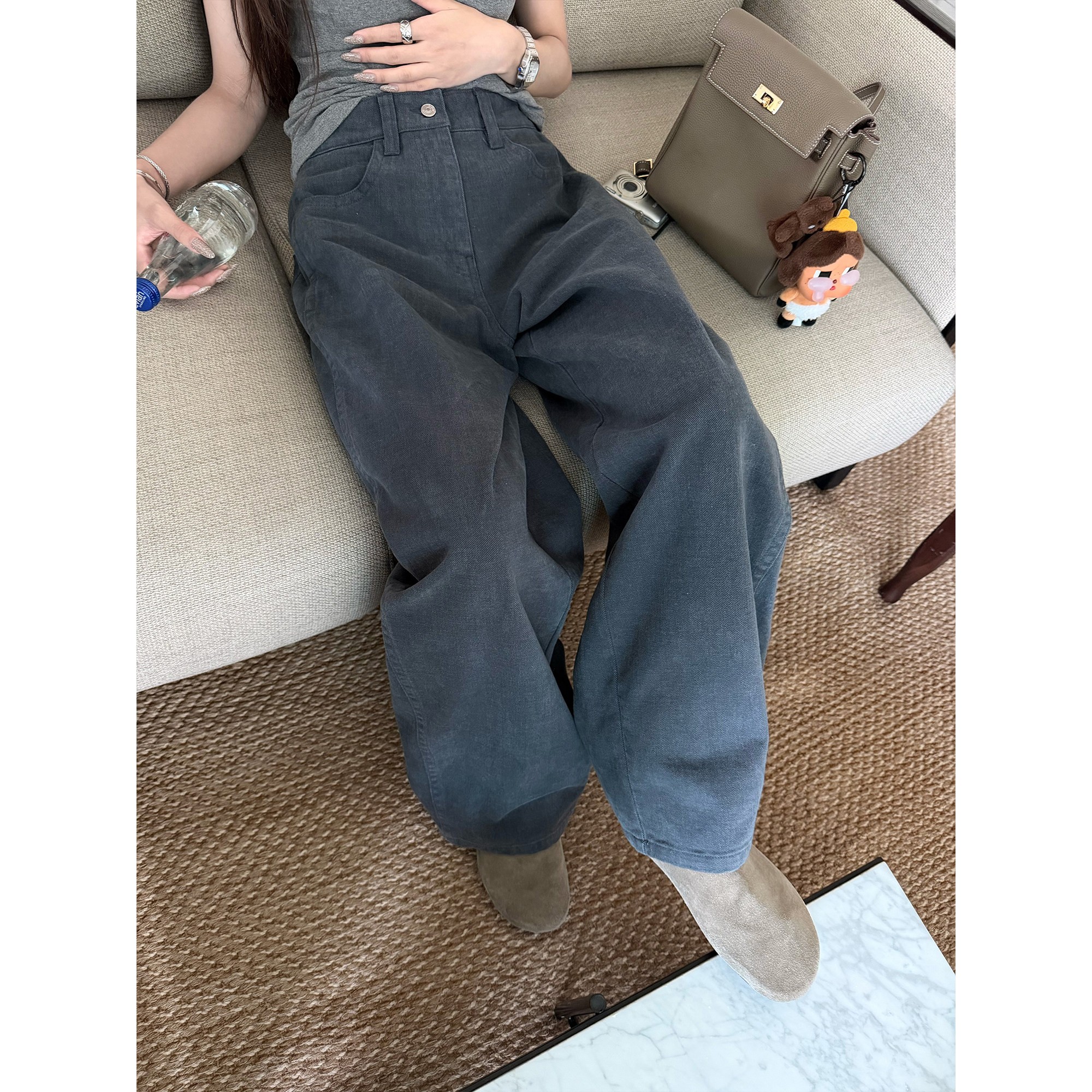 Smoky Gray Minimalist Wide-Leg Jeans for Women High Waist Casual Pants - Image 4