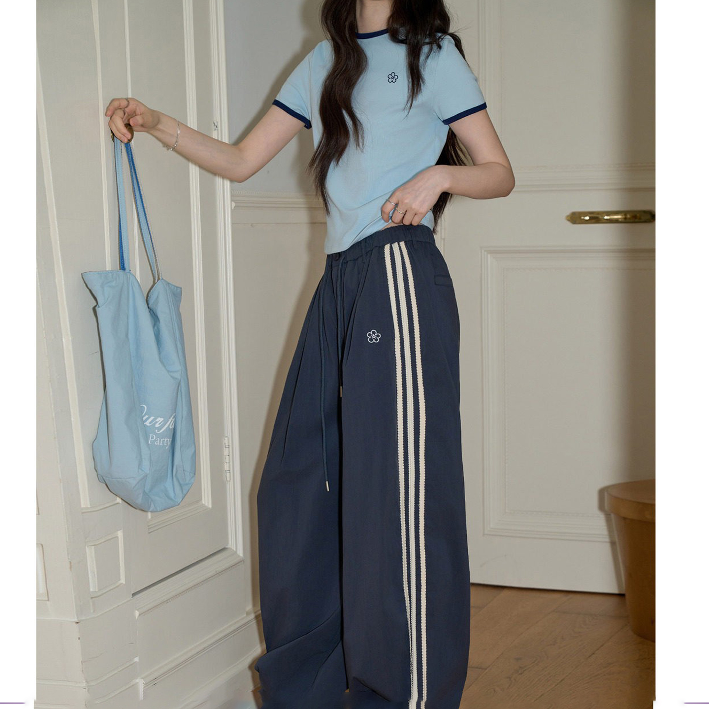 Women’s Navy Casual Pants 2026 Early Autumn Loose Three-Stripe Straight Sport Pants