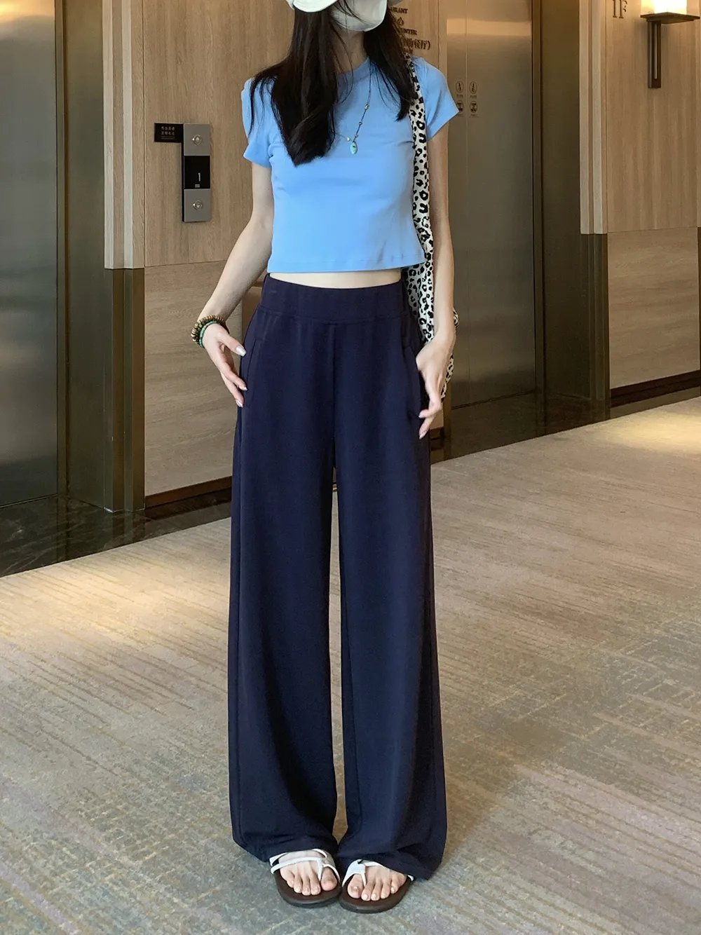 Women’s High Waist Wide Leg Pants Summer Ice Silk Casual Trousers