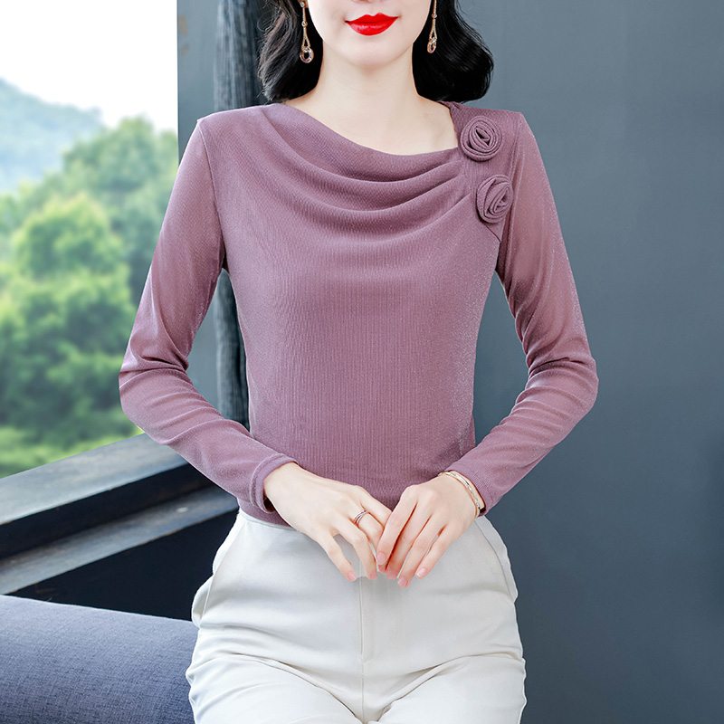 Women’s Mesh Ruched Flower Base Layer Top Long Sleeve Slim Fit T-Shirt