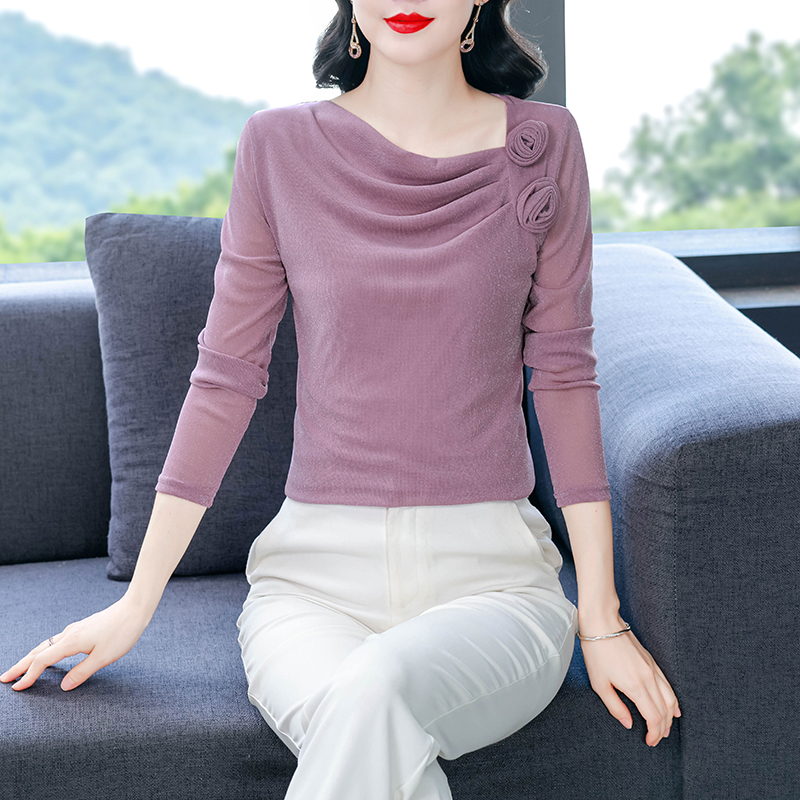 Women’s Mesh Ruched Flower Base Layer Top Long Sleeve Slim Fit T-Shirt