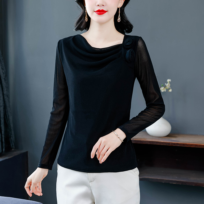 Women's Mesh Ruched Flower Base Layer Top Long Sleeve Slim Fit T-Shirt - Image 3