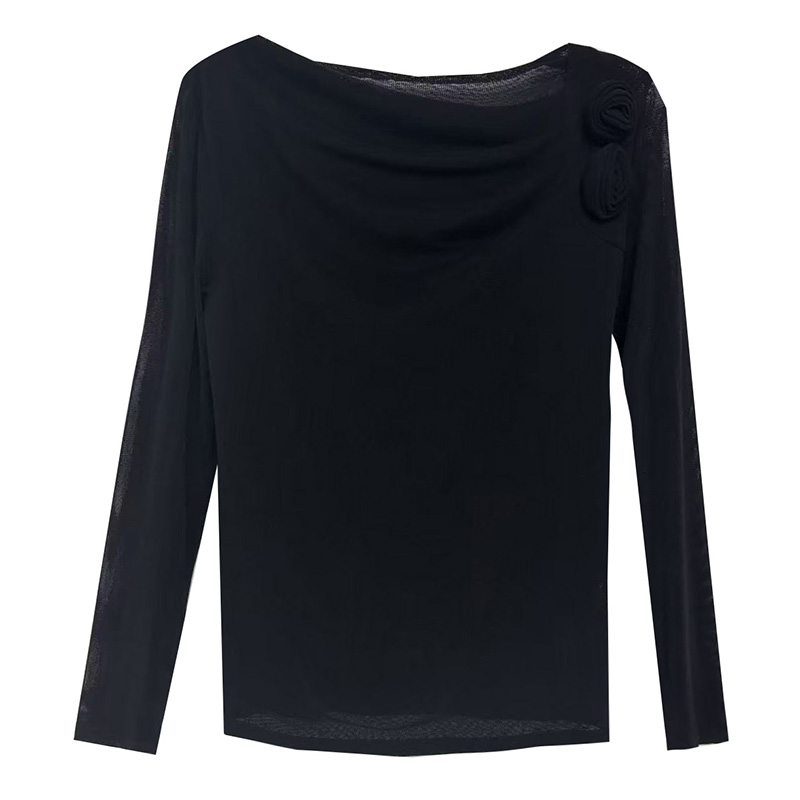 Women's Mesh Ruched Flower Base Layer Top Long Sleeve Slim Fit T-Shirt - Image 5