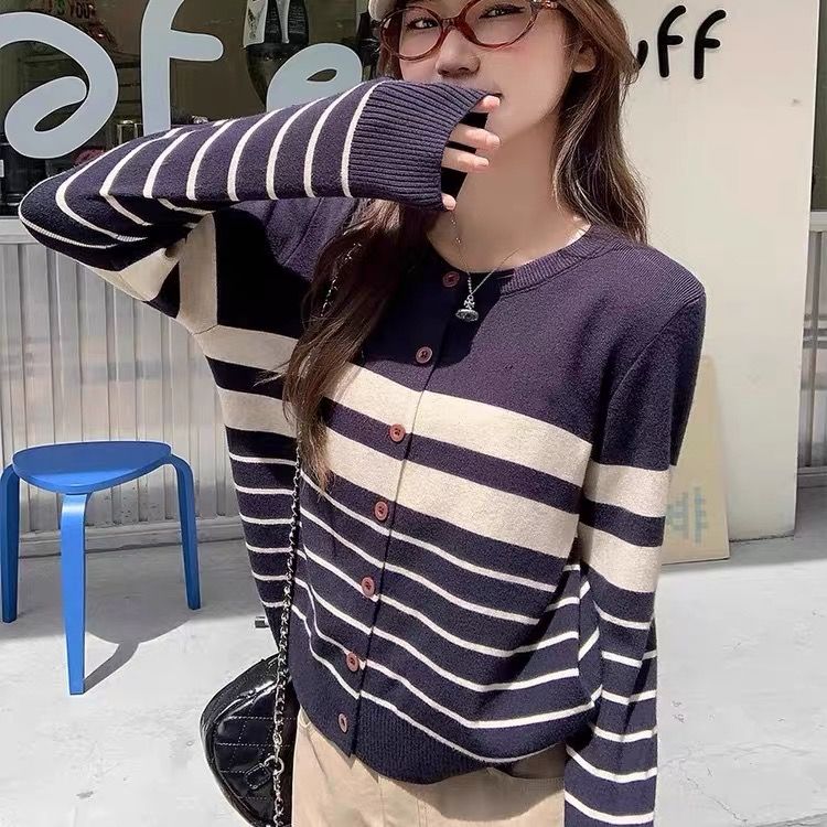 Hong Kong Style Striped Knit Cardigan Sweater Women Spring Autumn Loose Slimming Long Sleeve Knit Top