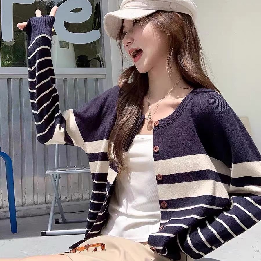 Hong Kong Style Striped Knit Cardigan Sweater Women Spring Autumn Loose Slimming Long Sleeve Knit Top - Image 3